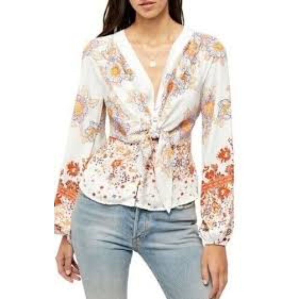 Free People Run Free blouse Floral Boho Large L V Neck Front Tie